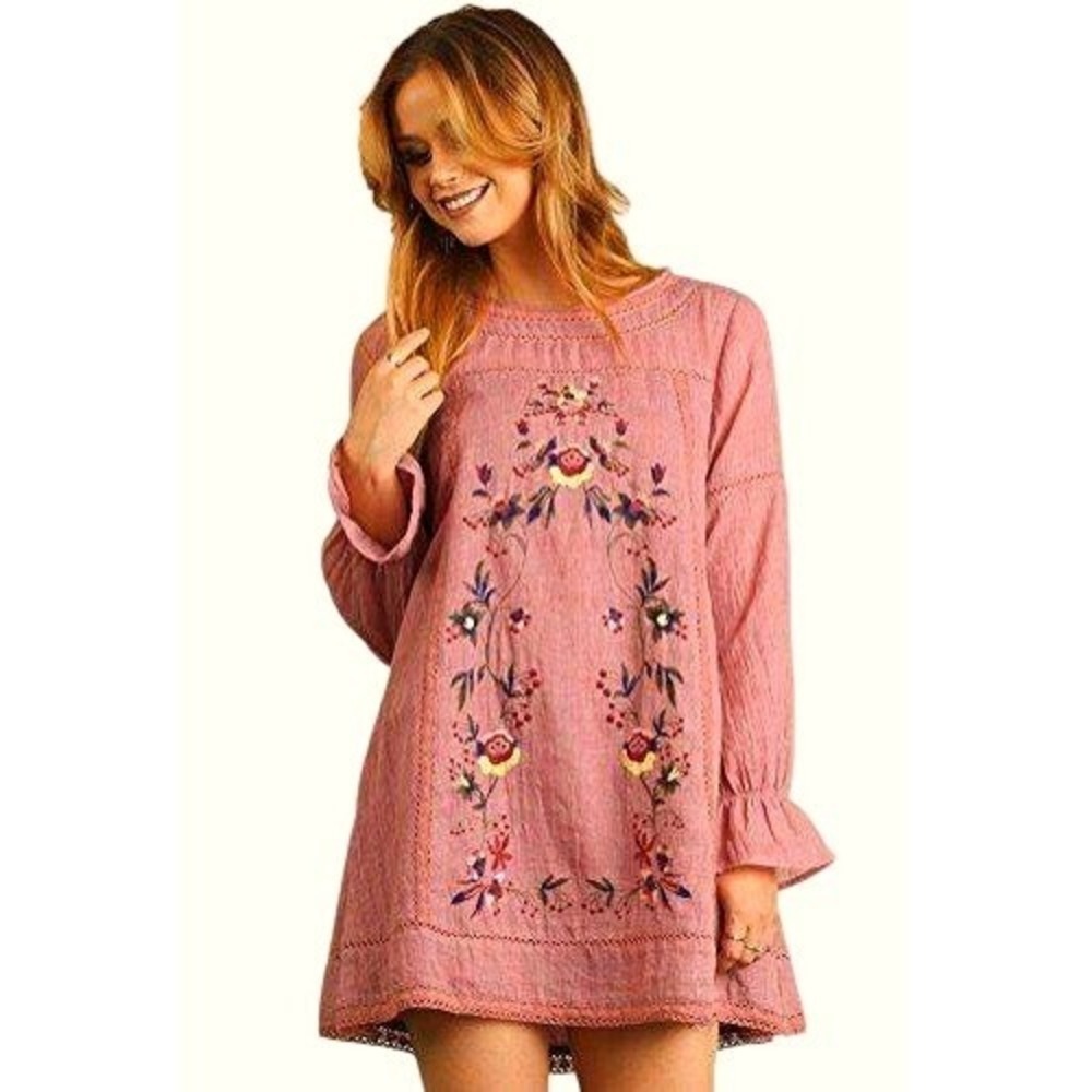 Umgee Embroidered Boho Mini Tunic Dress Rust Long Sleeve Size Small Festival